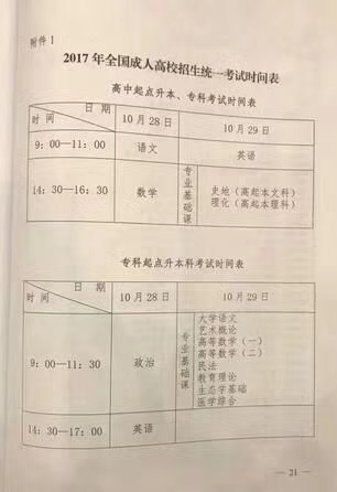 河北省2017年成考考试科目及时间